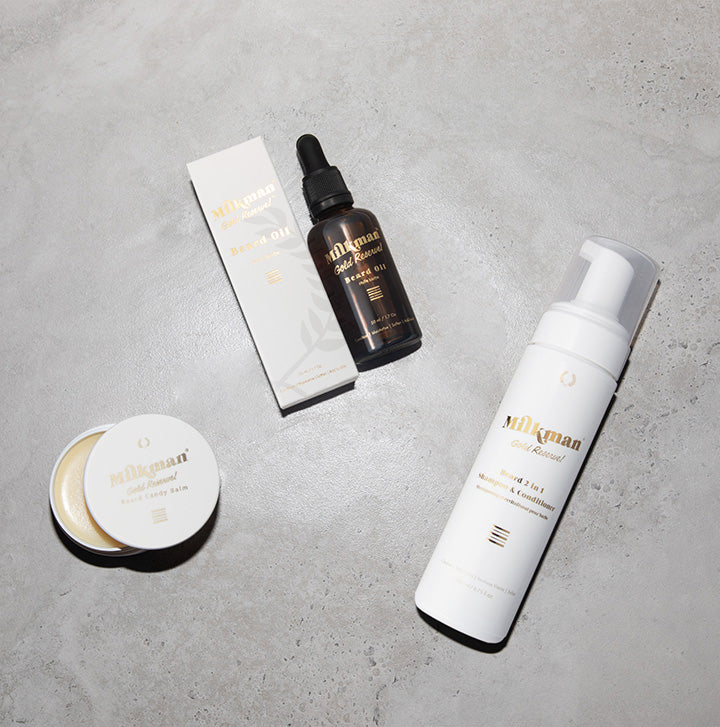 beard oil, beard wash and balm combo in gold reserve scent