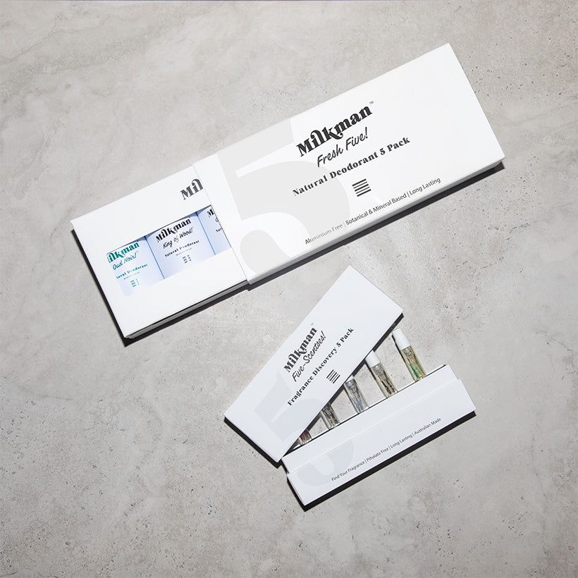 5 pack samplers of natural deodorant and fragrance by Milkman Grooming Co