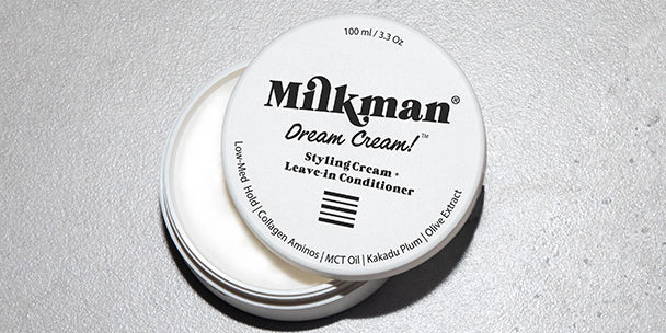 Dream Cream. hair styling cream by Milkman, on grey background